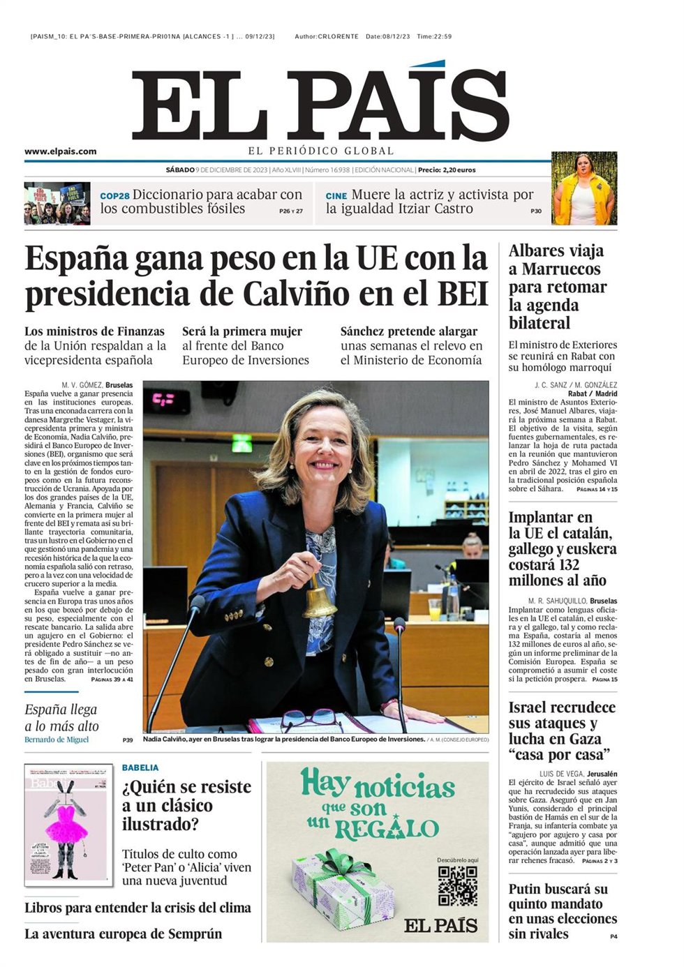 Portada de El País del sábado 9 de diciembre de 2023