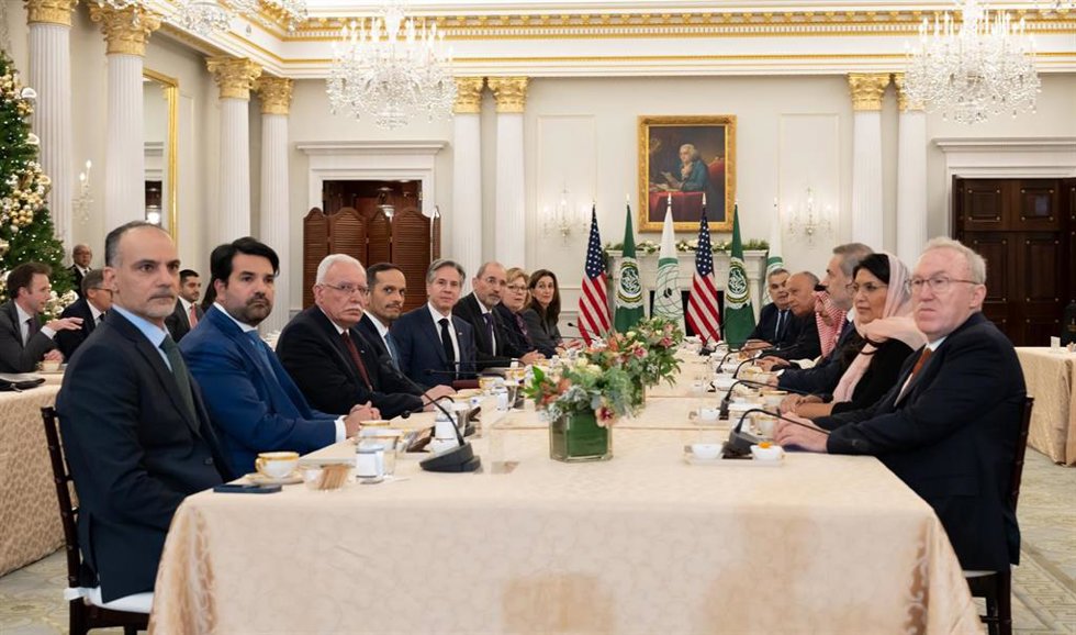 Ministros de Exteriores de Qatar, Egipto, Turquía, Jordania, Palestina y el secretario de Estado de EEUU Antony Blinken