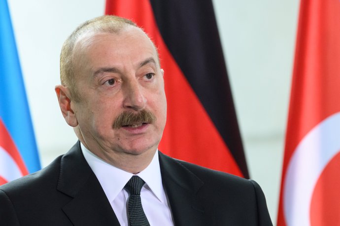 FILED - 14 March 2023, Berlin: Ilham Aliyev, President of Azerbaijan, makes remarks at a press conference at the Chancellor's Office. Photo: Bernd von Jutrczenka/dpa