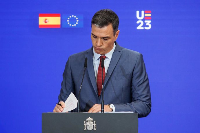 Archivo - El presidente del Gobierno, Pedro Sánchez, durante la presentación de las prioridades de la Presidencia española del Consejo de la UE, en el Palacio de la Moncloa, a 15 de junio de 2023, en Madrid (España). Durante la presentación, Sánchez ha 
