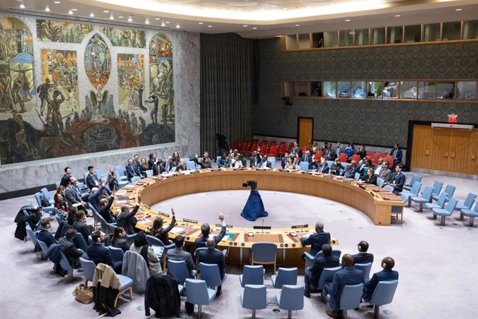 UNITED NATIONS, Dec. 2, 2023  -- Representatives vote on a draft resolution during a Security Council meeting at UN headquarters in New York, on Dec. 1, 2023. The Security Council on Friday adopted a resolution to terminate the mandate of the UN Integra