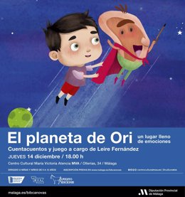 Cartel del cuentacuentos 'El planeta de Ori', que tendrá lugar el jueves 14 de diciembre en la Biblioteca Cánovas del Castillo del MVA de Málaga.