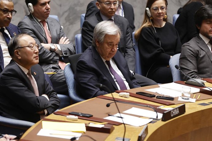 December 7, 2023, NY, USA: United Nations, New York, USA, December 08, 2023 - Secretary-General Antonio Guterres addresses the Security Council meeting on the situation in the Middle East, including the Palestinian question. The Council met on a Letter 