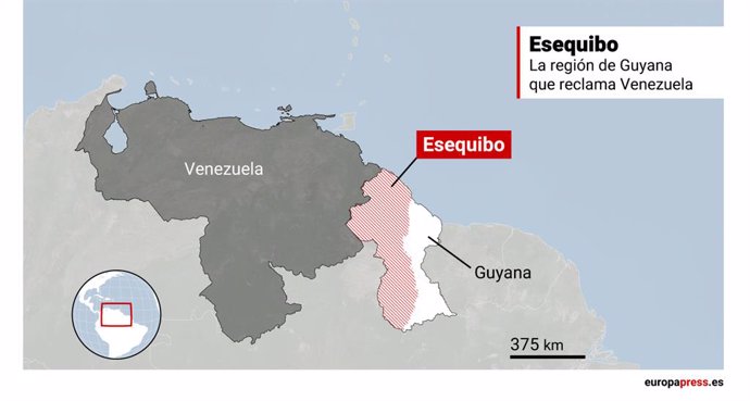Mapa que representa el Esquibo, la región de Guyana que reclama Venezuela. El presidente de Venezuela, Nicolás Maduro, ha firmado a última hora de este pasado viernes los seis decretos anticipados a lo largo de esta semana y que representan un plan de i