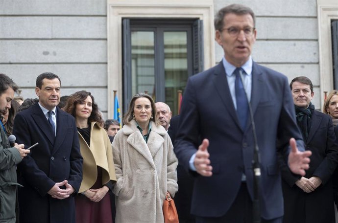 El presidente del Partido Popular, Alberto Núñez Feijóo, atiende a medios a su llegada al acto de homenaje a la Constitución, en el Congreso de los Diputados, a 6 de diciembre de 2023, en Madrid (España).