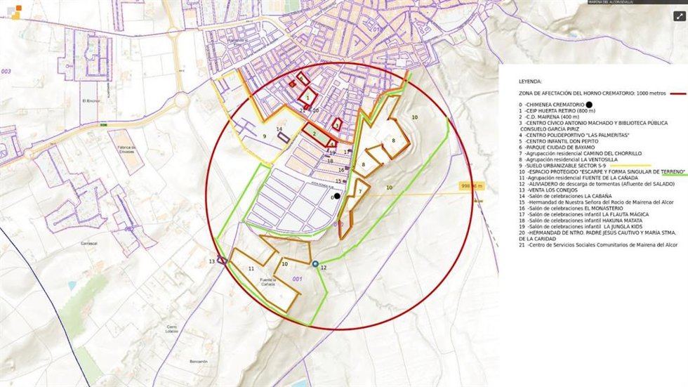 Plano de ubicación y área de influencia del horno crematorio proyectado en Mairena del Alcor, en Sevilla.