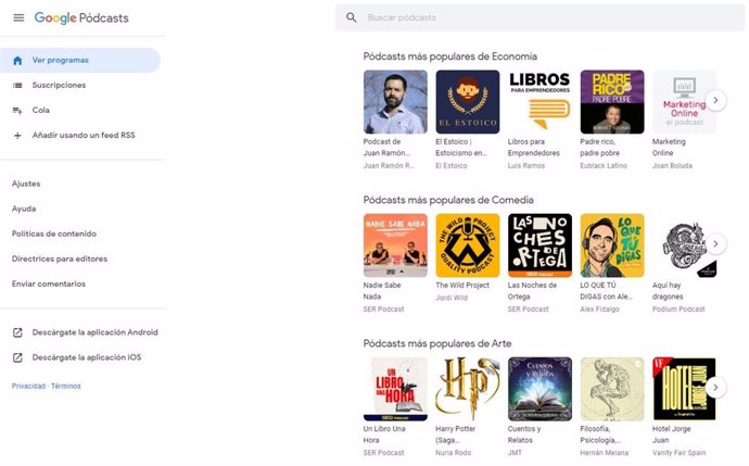 Interfaz de Google Podcasts