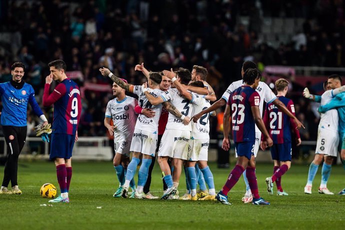 Girona FC celebrates the victory during the Spanish league, La Liga EA Sports, football match played between FC Barcelona and Girona FC at Estadi Olimpic de Montjuic on December 11, 2023 in Barcelona, Spain.