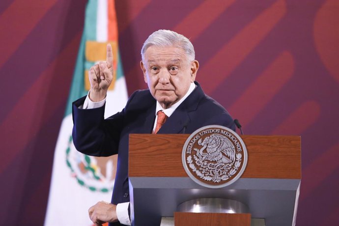 December 7, 2023, Mexico City, Munich, Mexico: December 7, 2023. Mexico City, Mexico. Mexican President, Andres Manuel Lopez Obrador gesticulates during his speech during his daily morning briefing conference at the National Palace.