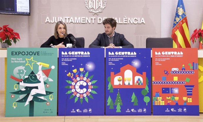 La edil de Fiestas y Tradiciones en el Ayuntamiento de Valncia, Mónica Gil, y el concejal portavoz del gobierno local, Juan Carlos Caballero, en la rueda de prensa de presentación de Expojove y La Central 2024.