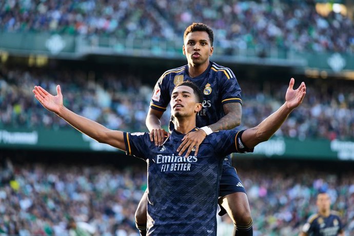 Jude Bellingham of Real Madrid celebrates a goal during the Spanish league, La Liga EA Sports, football match played between Real Betis and Real Madrid at Benito Villamarin stadium on December 9, 2023, in Sevilla, Spain.