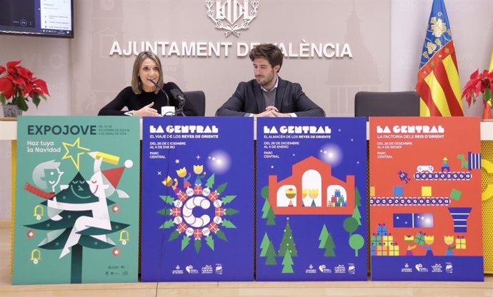 L'edil de Festes i Tradicions en l'Ajuntament de Valncia, Mónica Gil, i el regidor portaveu del govern local, Juan Carlos Caballero, en la roda de premsa de presentació d'Expojove i La Central 2024.