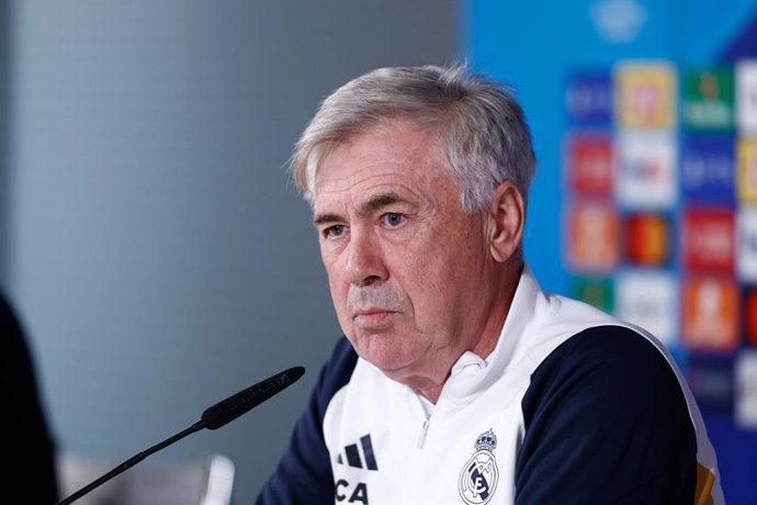 Carlo Ancelotti, head coach of Real Madrid, attends his press conference during the training day before the UEFA Champions League, Group C, football match to play between Real Madrid and SSC Napoli at Ciudad Deportiva Real Madrid on November 28, 2023, i