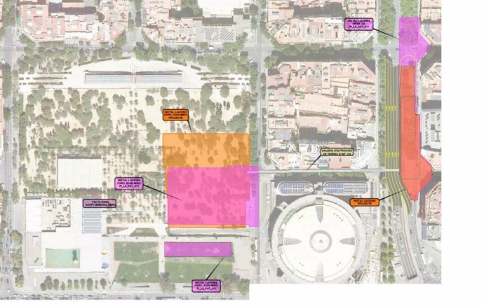 Plano de la afectación final de las obras en el parque Joan Miró (en rosa) comparada con el proyecto inicial (en naranja) y en la Gran Via.