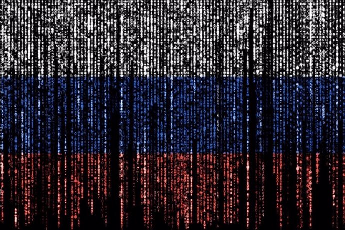 Bandera rusa con símbolos digitales