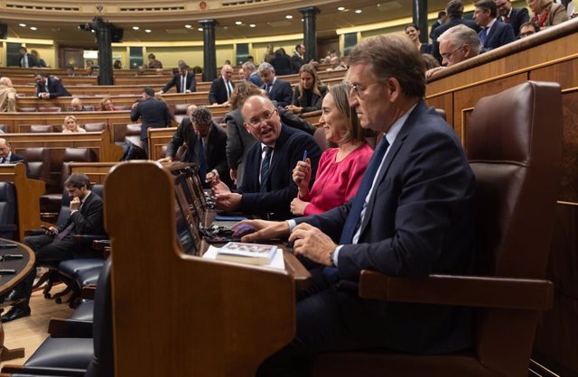 (I-D) El portavoz del PP en el Congreso, Miguel Tellado; la secretaria general del PP, Cuca Gamarra, y el presidente del Partido Popular, Alberto Núñez Feijóo, conversan durante una sesión plenaria, en el Congreso de los Diputados, a 5 de diciembre de 202