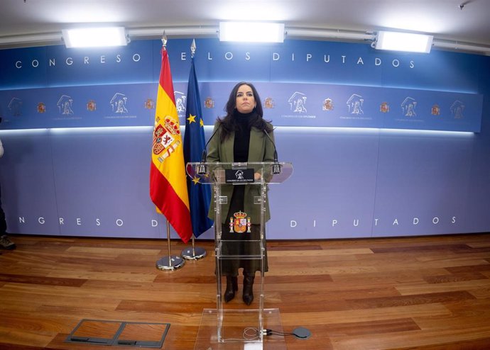 La portavoz de VOX en el Congreso, Pepa Millán, ofrece una rueda de prensa previa a la reunión de la Junta de Portavoces, a 12 de diciembre de 2023, en Madrid (España).