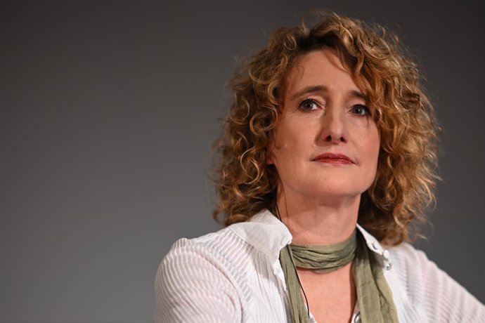 12 December 2023, Berlin: Tricia Tuttle sits in her seat during her introduction as the new director of the Berlinale in the Gropius Bau. The 74th Berlin International Film Festival will take place from February 15 to 25, 2024. Photo: Sebastian Christop