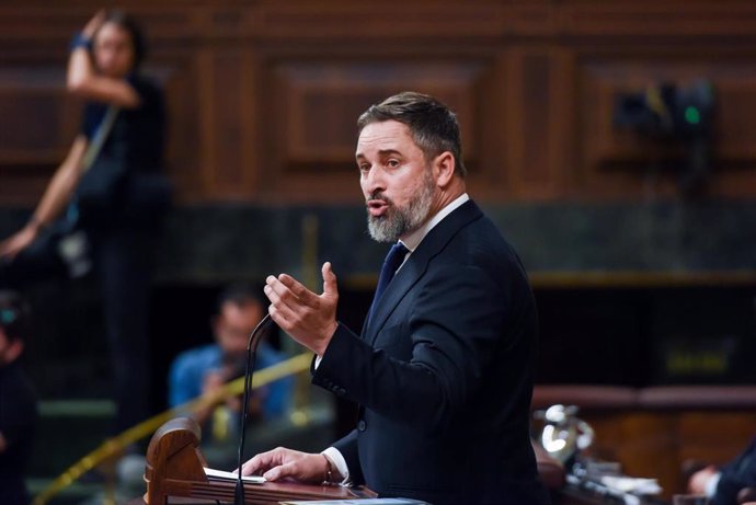 El líder de Vox, Santiago Abascal, interviene en el Congreso de los Diputados.