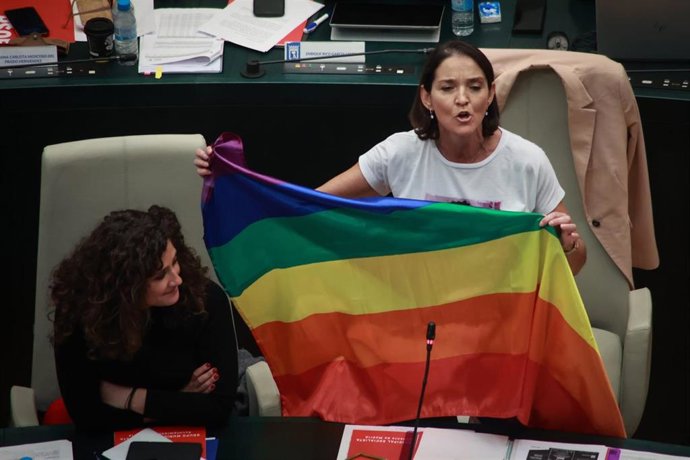 La portavoz del PSOE en el Ayuntamiento de Madrid, Reyes Maroto, saca la bandera LGTBI en el Pleno de Cibeles
