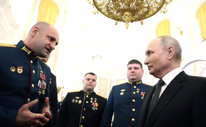 December 8, 2023, Russia, Russia, Russian Federation: Russia's President Vladimir Putin meets with participants of a ceremony to present Gold Star medals to Heroes of Russia on the eve of the Heroes of the Fatherland Day at the St. George Hall of the Gr
