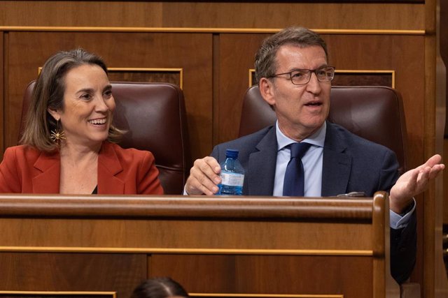 La secretaria general del PP, Cuca Gamarra y el líder del PP,  Alberto Núñez Feijóo, durante una sesión plenaria, en el Congreso de los Diputados, a 12 de diciembre de 2023, en Madrid (España).