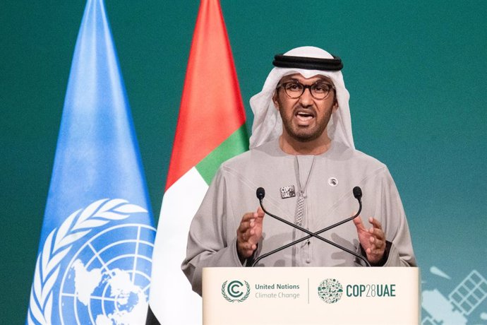 13 December 2023, United Arab Emirates, Dubai: Sultan Ahmed Al-Jaber, President of the UN Climate Change Conference (COP28), speaks at a conference. On Wednesday morning, the COP presidency presented a revised draft of the final text. Although it has be