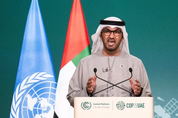 13 December 2023, United Arab Emirates, Dubai: Sultan Ahmed Al-Jaber, President of the UN Climate Change Conference (COP28), speaks at a conference. On Wednesday morning, the COP presidency presented a revised draft of the final text. Although it has been
