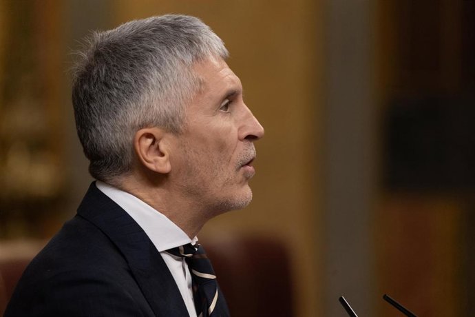 El ministro de Interior, Fernando Grande-Marlaska, interviene durante una sesión plenaria posterior a una sesión de control al Gobierno, en el Congreso de los Diputados, a 13 de diciembre de 2023, en Madrid (España).
