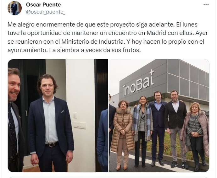 Publicación del ministro de Transportes, Óscar Puente, sobre el proyecto de Inobat en Valladolid.