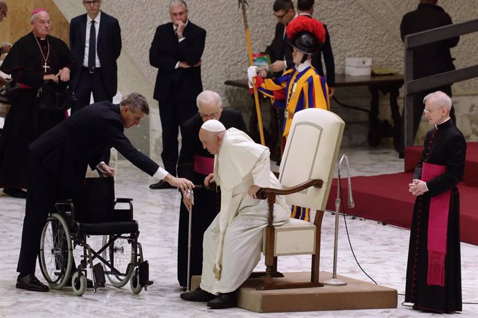 13 December 2023, Vatican: Pope Francis pictured as he moves from his wheel chair during his wednesday General Audience at the Vatican. Photo: Evandro Inetti/ZUMA Press Wire/dpa