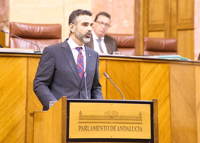 El consejero de Sostenibilidad, Ramón Fernández-Pacheco, este miércoles en el Pleno del Parlamento en su comparecencia acerca del acuerdo con el Gobierno sobre Doñana.