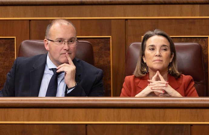 El portavoz del PP en el Congreso, Miguel Ángel Tellado y la secretaria general del PP, Cuca Gamarra, durante una sesión plenaria, en el Congreso de los Diputados, a 12 de diciembre de 2023, en Madrid (España). El Pleno del Congreso acoge hoy el primer 