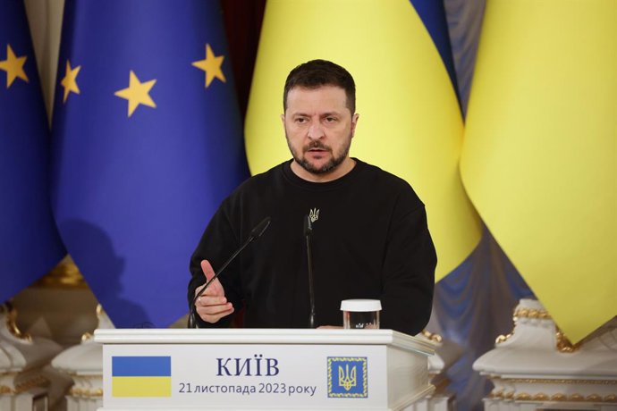 FILED - 21 November 2023, Ukraine, Kiev: Ukrainian President Volodymyr Zelensky speaks during a press conferece with European Council President Charles Michel and Moldovan President Maia Sandu after their meeting. Photo: Dario Pignatelli/European Counci