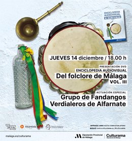 Cartel de la presentación del tercer volumen de la Enciclopedia Audiovisual del Folclore de Málaga.