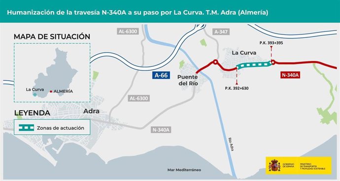 Ubicación de la actuación en la travesía de La Curva, en Adra (Almería)