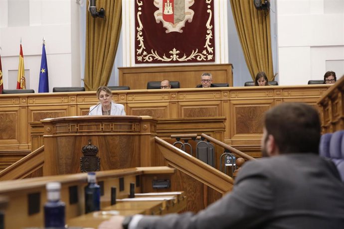La diputada del PP, Itziar Asenjo, se dirige al consejero de Fomento, Nacho Hernando, en el pleno.