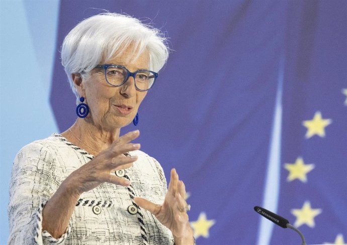 Archivo - FILED - 16 June 2023, Hesse, Frankfurt/Main: President of the European Central Bank (ECB) Christine Lagarde speaks at a press conference on a previous ECB Governing Council meeting. Photo: Boris Roessler/dpa