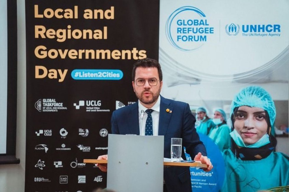 El presidente de la Generalitat, Pere Aragons, interviene en el encuentro organizado por Agencia de Naciones Unidas por los Refugiados (Acnur) en Ginebra.