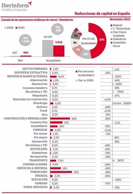 El importe de las reducciones de capital disminuyó hasta noviembre un 32% interanual, según Iberinform.