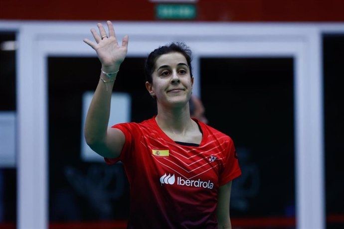 La española Carolina Marín celebra una victoria 