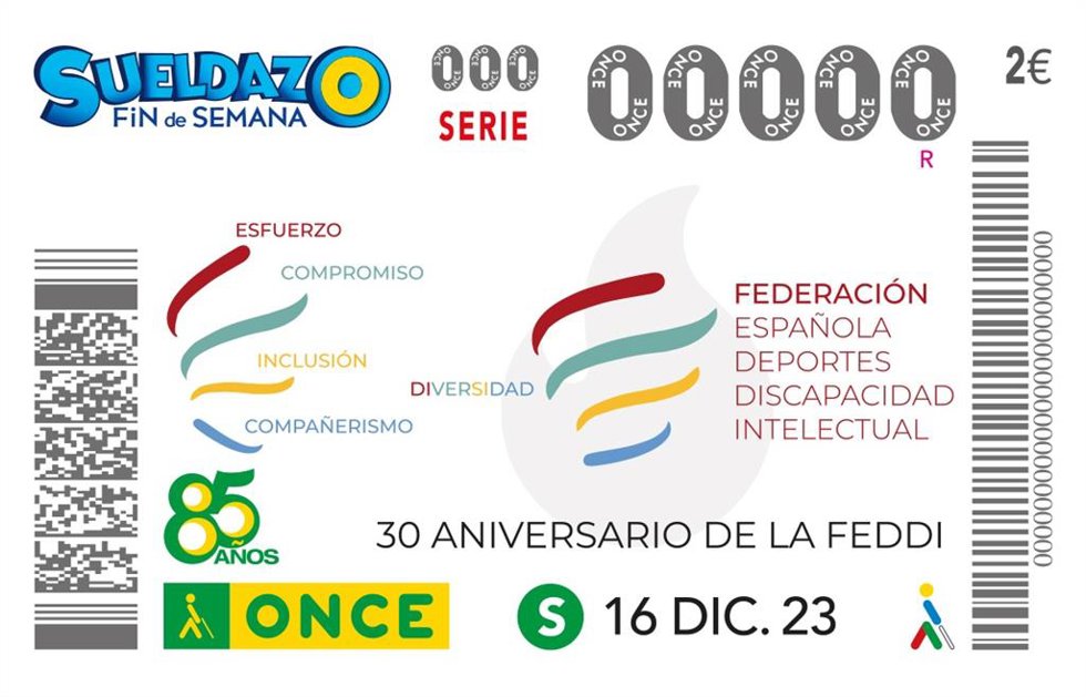 Imagen del cupón de la ONCE del 16 de diciembre de 2023 dedicado a la FEDDI