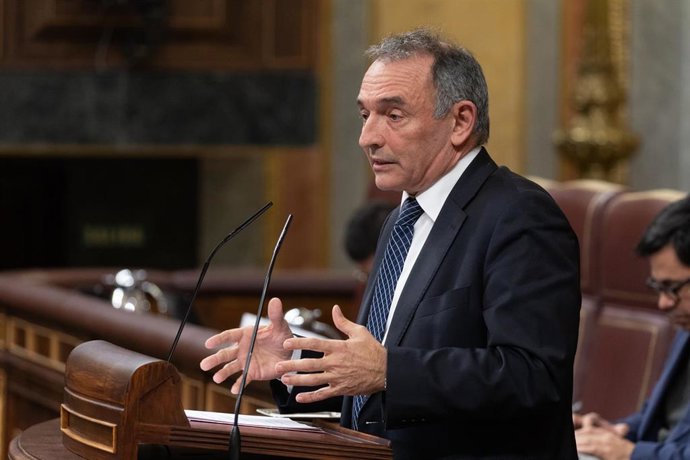 El portavoz parlamentario de IU y diputado de Sumar, Enrique Santiago, interviene durante una sesión plenaria posterior a una sesión de control al Gobierno, en el Congreso de los Diputados, a 13 de diciembre de 2023, en Madrid (España).