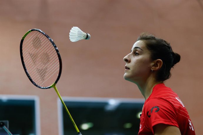Carolina Marin of Spain in action against Cecilia Wang of Sweden during the Iberdrola 2024 European Women's Team Championships - Qualification Stage of Badminton celebrated at CSD building on December 06, 2023, in Madrid, Spain.