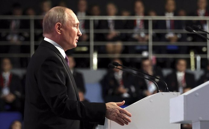 December 15, 2023, Moscow, Moscow Oblast, Russia: Russian President Vladimir Putin, right, delivers remarks during the 4th Railway Congress at the Luzhniki Olympic Complex, December 15, 2023 in Moscow, Russia.