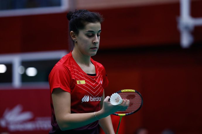 Carolina Marin of Spain in action against Judith Mair of Italy during the Iberdrola 2024 European Women's Team Championships - Qualification Stage of Badminton celebrated at CSD building on December 08, 2023, in Madrid, Spain.