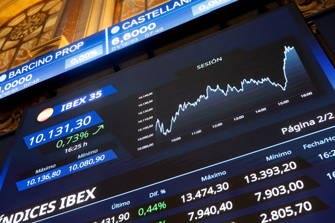 Vista de las pantallas informativas, en la Bolsa de Madrid, a 1 de diciembre de 2023, en Madrid (España). Tras cerrar un noviembre espectacular y de fuertes ascensos, la bolsa española arranca el último mes del año intentando mantener la inercia alcista