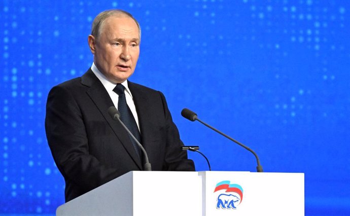 December 17, 2023, Moscow, Moscow, Russian Federation: Russian President Vladimir Putin addresses the audience during the United Russia party congress in Moscow, on December 17, 2023