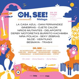 Cartel confirmado hasta la fecha del festival Oh, See! que se celebra el 24 y 25 de mayo en el auditorio municipal de Málaga.