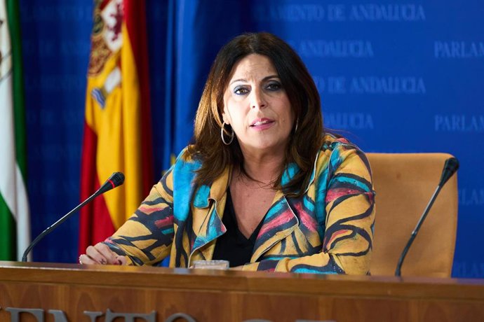 La portavoz del Grupo Parlamentario Socialista, Ángeles Férriz, durante la ronda de ruedas de prensa de portavoces de los grupos parlamentarios en el Parlamento de Andalucía, a 19 de diciembre de 2023 en Sevilla (Andalucía, España). Los portavoces de lo
